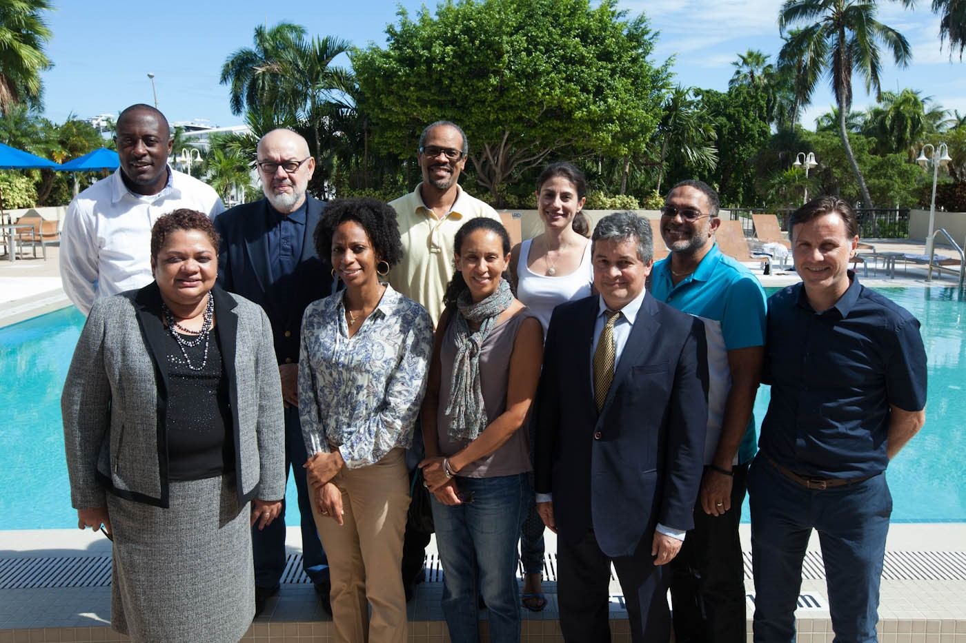 September 9th 2016 – Representatives from Intergovernmental Organisations and the CLME+ Project Coordination Unit (PCU) : From left to right: 1st row: Ms. Singh (CARICOM Secretariat), Ms. Walker (CLME+ PCU), Ms. Bahri (FAO), Mr. Toro (IOC of UNESCO), Mr. Debels (CLME+ PCU); 2nd raw: Mr. Emmanuel (OECS Commission), Mr. Martínez Casco (OSPESCA/SICA), 
Mr. Haughton (CRFM), Ms. Salinas (CLME+ PCU), Mr. Corbin (UNEP CEP). Photo: CLME+ PCU
