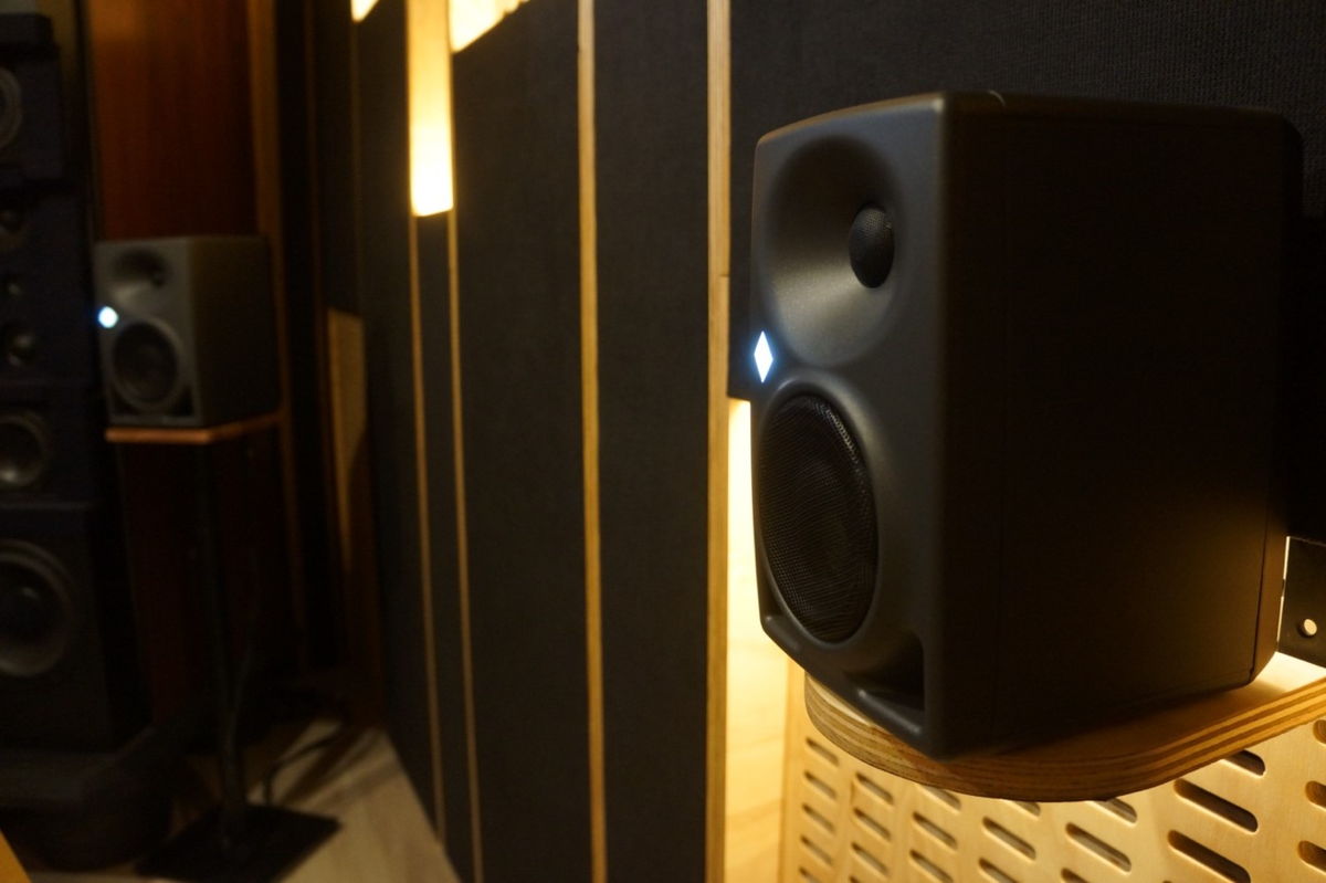 Neumann KH 80 DSP Monitors are precisely placed around the studio to meet Dolby Atmos specifications.  