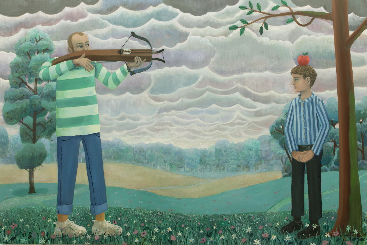 BEN SLEDSENS, Shooting apples , 2019. Oil and acrylic on canvas 200 x 300 cm