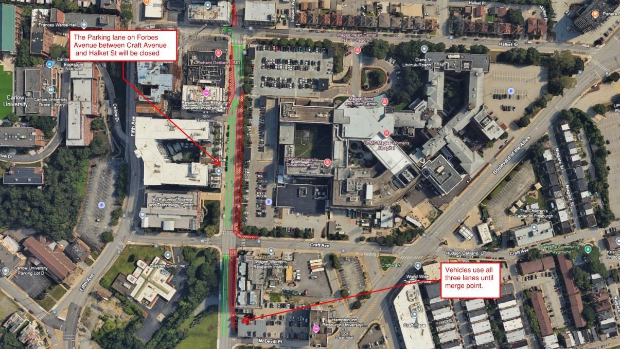 Aerial view of new work zone on Forbes Avenue between Craft Avenue and Halket Street Aerial view of new work zone on Forbes Avenue between Craft Avenue and Halket Street