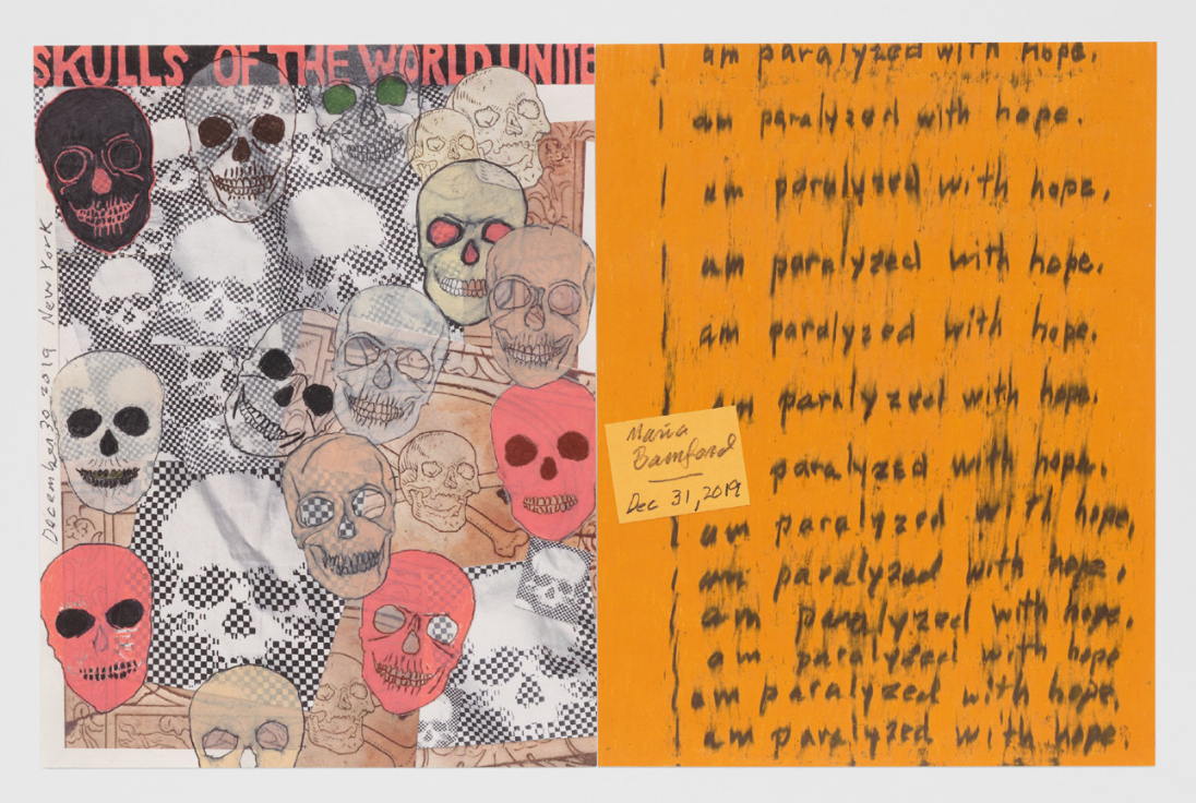 Roni Horn, Skulls of the World Unite • Orange Hope (2022), Two ink jet prints on rag paper. Bleed images, floated edge-to-edge in frame. Edition of 12. Also, detail from: An elusive Red Figure darting about in the Venetian darkness; a red dwarf burning out beyond Saturn; a nasty gang of runts in red snowsuits acting out in a North American suburb; an attractive young Italian woman dressed in red is stalked by a lesbian serial killer; a village girl, the prettiest you can imagine, in a red velvet hood cut from the belly of a sleeping wolf …. (2022)  Suite Z, 33 paired ink jet prints on rag paper. Bleed images, floated edge to edge in frame. Edition of 2, Each piece: 34.8 x 53.8 cm / 13.7 x 10.6 in © Roni Horn. Courtesy the artist and Hauser & Wirth. Tom Powel Imaging