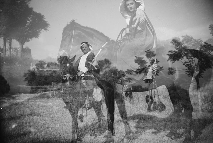 Outdoor double-exposure. Taken by Marie el Khazen in 1924 in Zgharta, Lebanon. Gelatin silver negative on cellulose nitrate film, 6 x 9 cm. 0009ya00465a, 0009ya – Mohsen Yammine collection, courtesy of the Arab Image Foundation, Beirut.