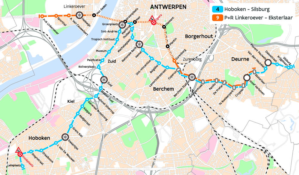 Tram 4 rijdt vanaf 23 april 2019 weer van Silsburg naar de Groenplaats en voort naar Hoboken. 