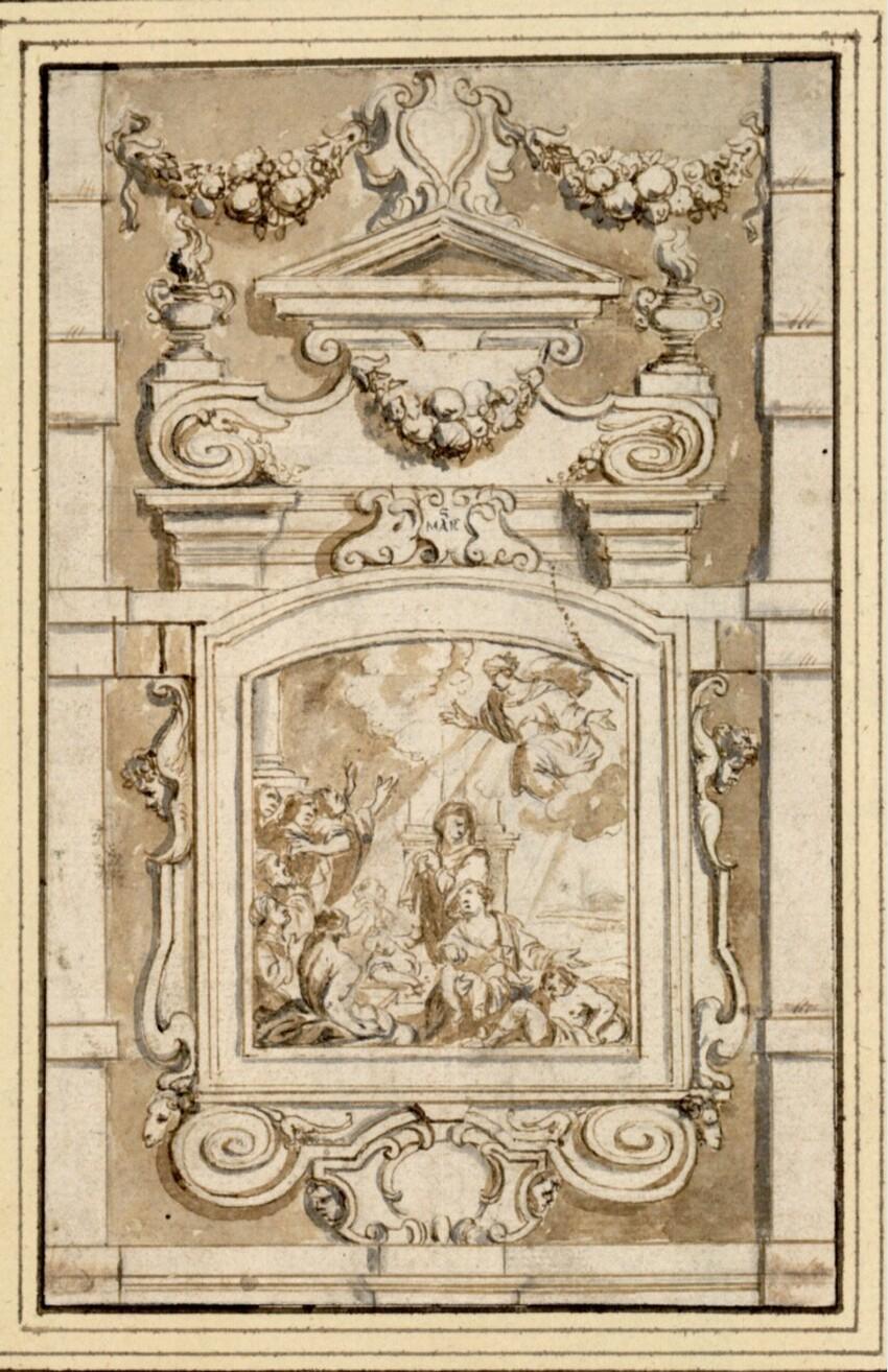 7 a & b – Anoniem (foutief toegeschreven aan Jan van den Hoecke) naar Anton Goubau, Ornamentale Rahmung eines Altargemäldes: Krankenheilung [Salus infirmorum], a 1654. (Wenen, Albertina, inv. 8598) & Anton Goubau, Salus infirmorum [fragment], 1655 (Parijs, veiling Delavenne, 2000)