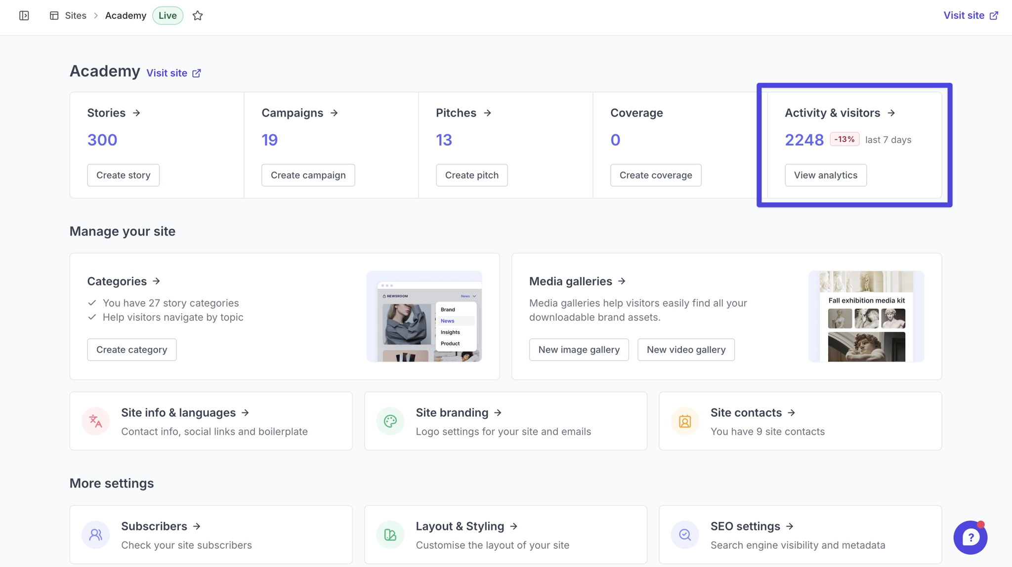 Click the activity & visitors block in the top-right to view detailed traffic statistics for your site. Click the activity & visitors block in the top-right to view detailed traffic statistics for your site.