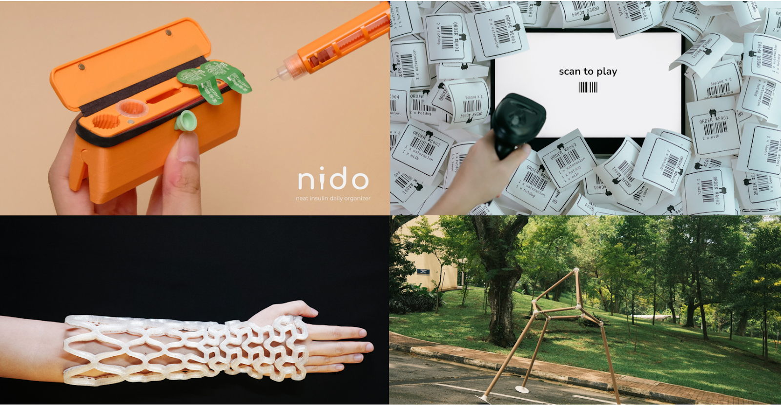 Left to right (clockwise): Nido by Zoey Chan; SCAN TO PLAY by Interactive Materials Lab; Noda by Reynard Seah; TessaCast by A*STAR Innovation Factory@SIMTech for Castomize. Images courtesy of the respective designers.