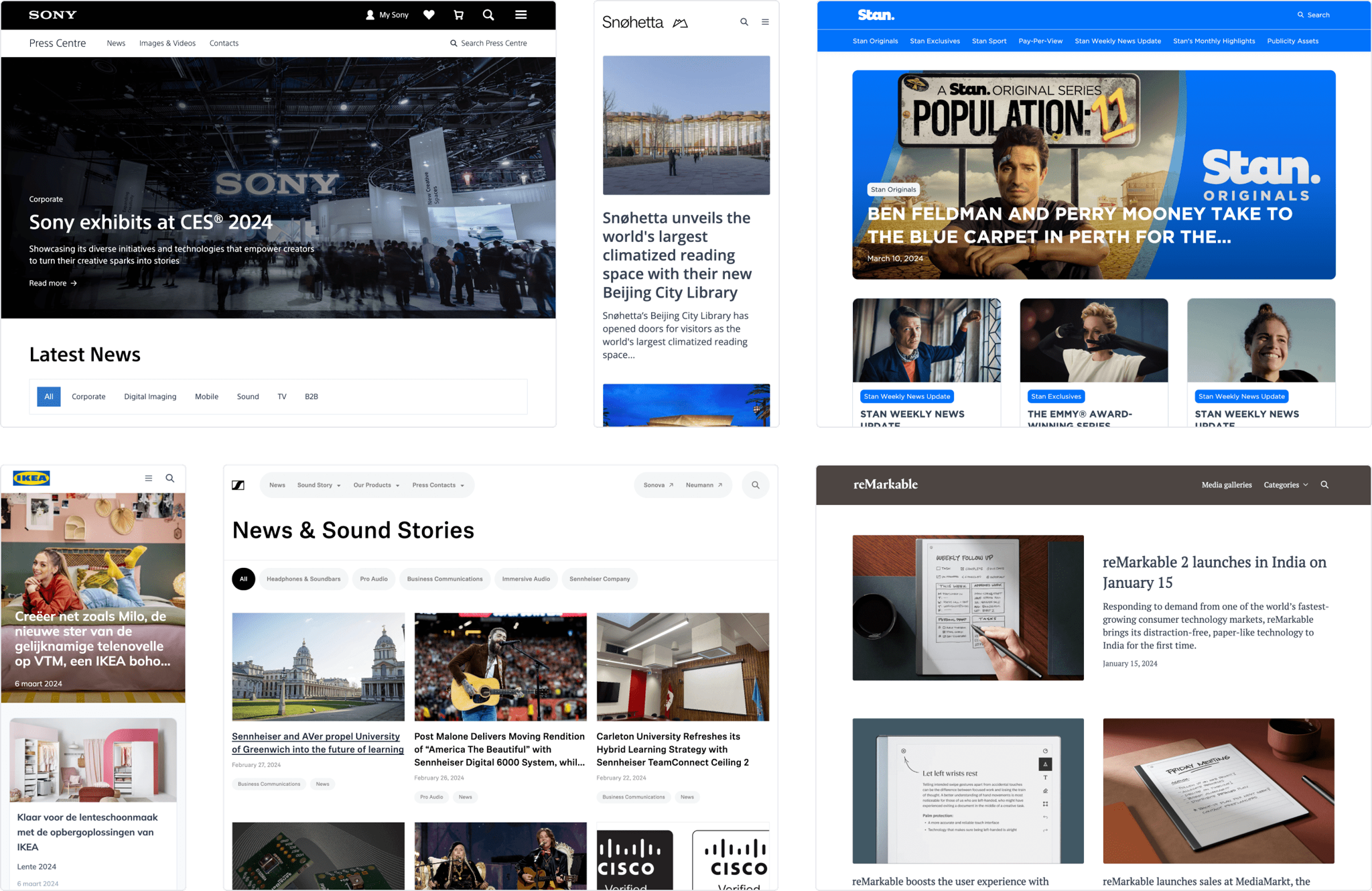 Examples of brand-owned newsrooms from Prezly product artwork.