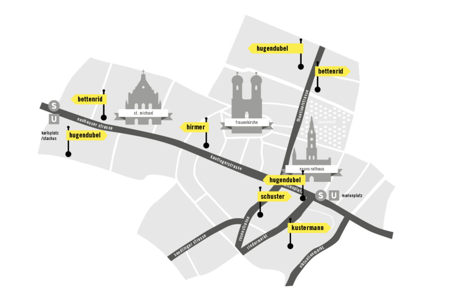 Lageplan der teilnehmenden Münchner Traditionshäuser.
