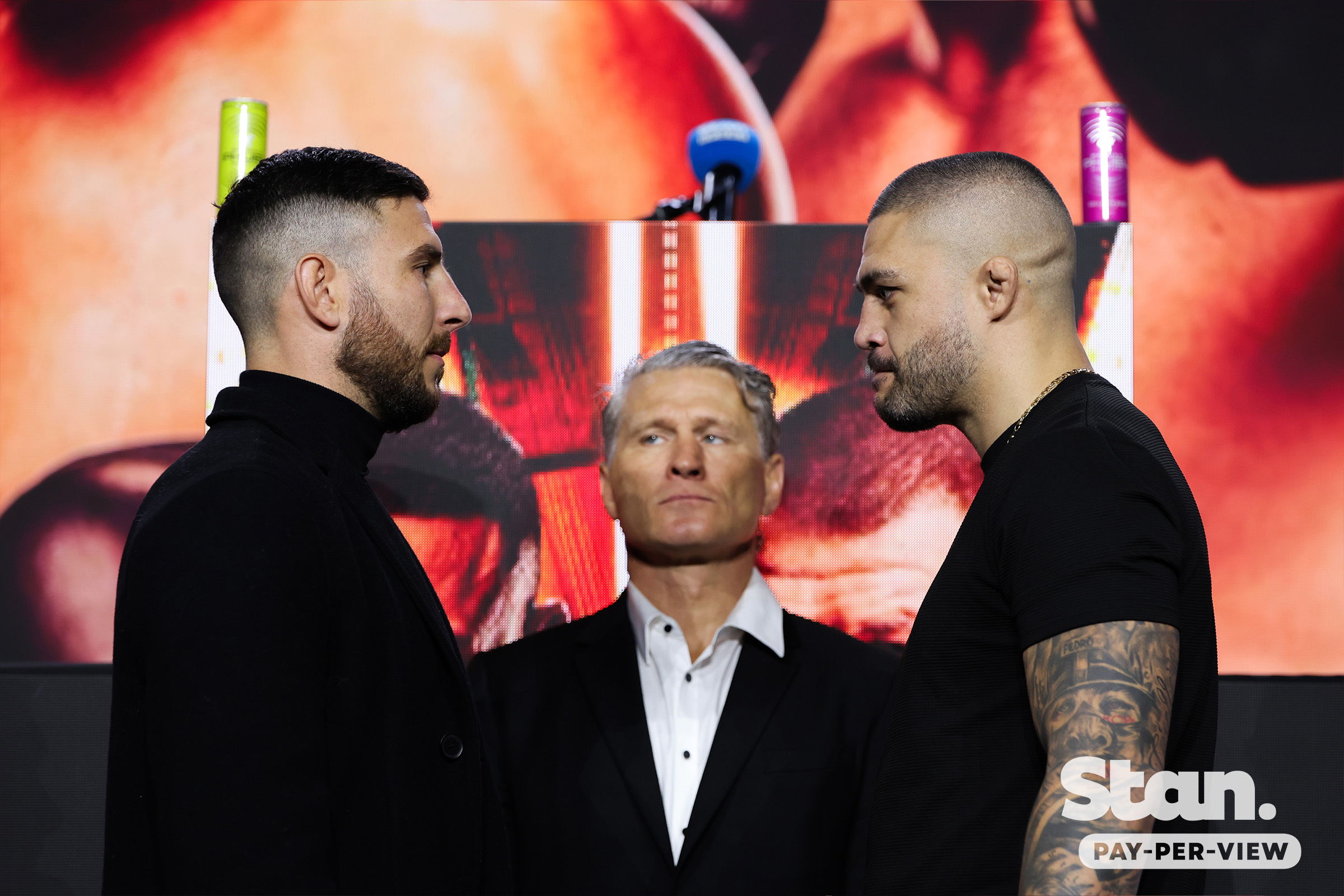 Kris Terzievski stares down his opponent Tyson Pedro at Tuesday's press conference. Kris Terzievski stares down his opponent Tyson Pedro at Tuesday's press conference.