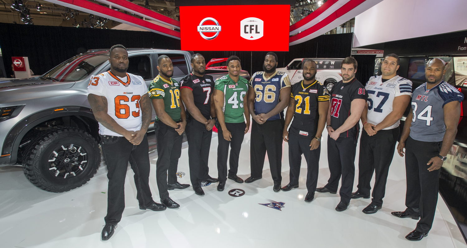 Left to right: J. Olafioye (BC); C. Watson (EDM); J. Turner (CGY); J. Knox Jr. (SSK); S. Bryant (WPG); S. Lawrence (HAM); P. Lavoie (OTT); T. Holmes (TOR); K. Hebert, (MTL). Credit: Adam Gagnon - CFL.