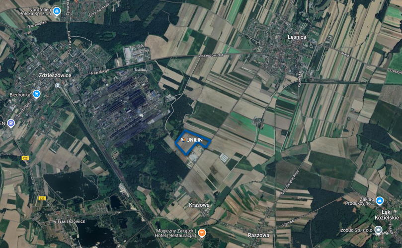 Kaartweergave van het aangekochte terrein in Leśnica