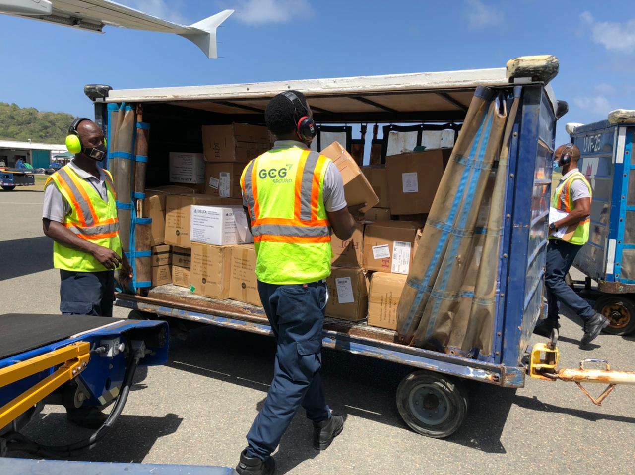Relief items arrive in Saint Lucia for onward shipment to Saint Vincent and the Grenadines.