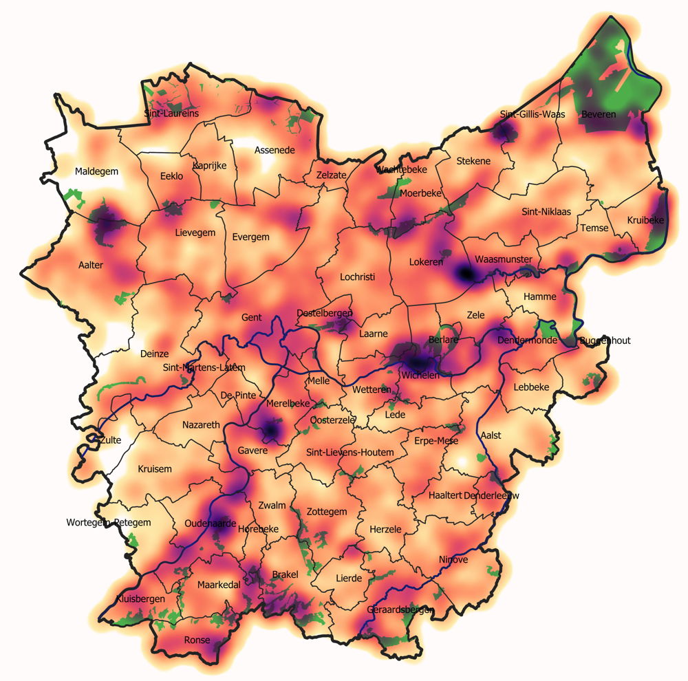 belangrijke regio's in Oost-Vlaanderen voor biodiversiteit - heatmap Oost-Vlaanderen