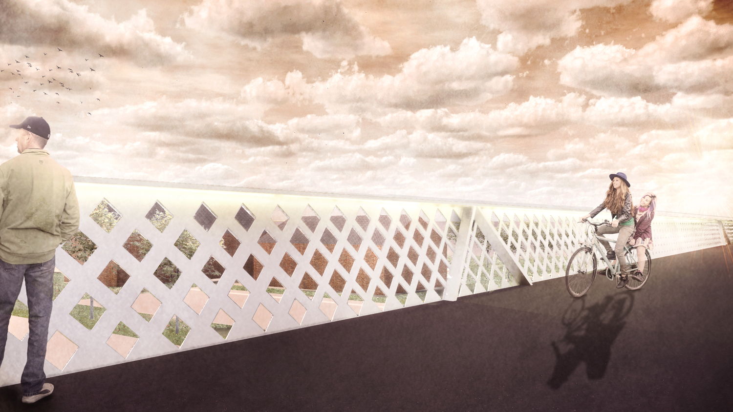Zicht vanop de nieuwe fietsbrug F7 over de Volhardingslaan N35 - ontwerp en beeld door SBE 